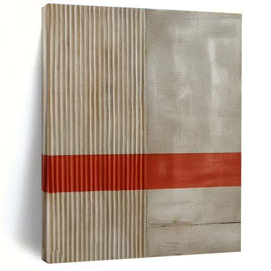 Minimalist Canvas Art with Beige, Gray, and Red Geometric Lines, Handmade Art PT203
