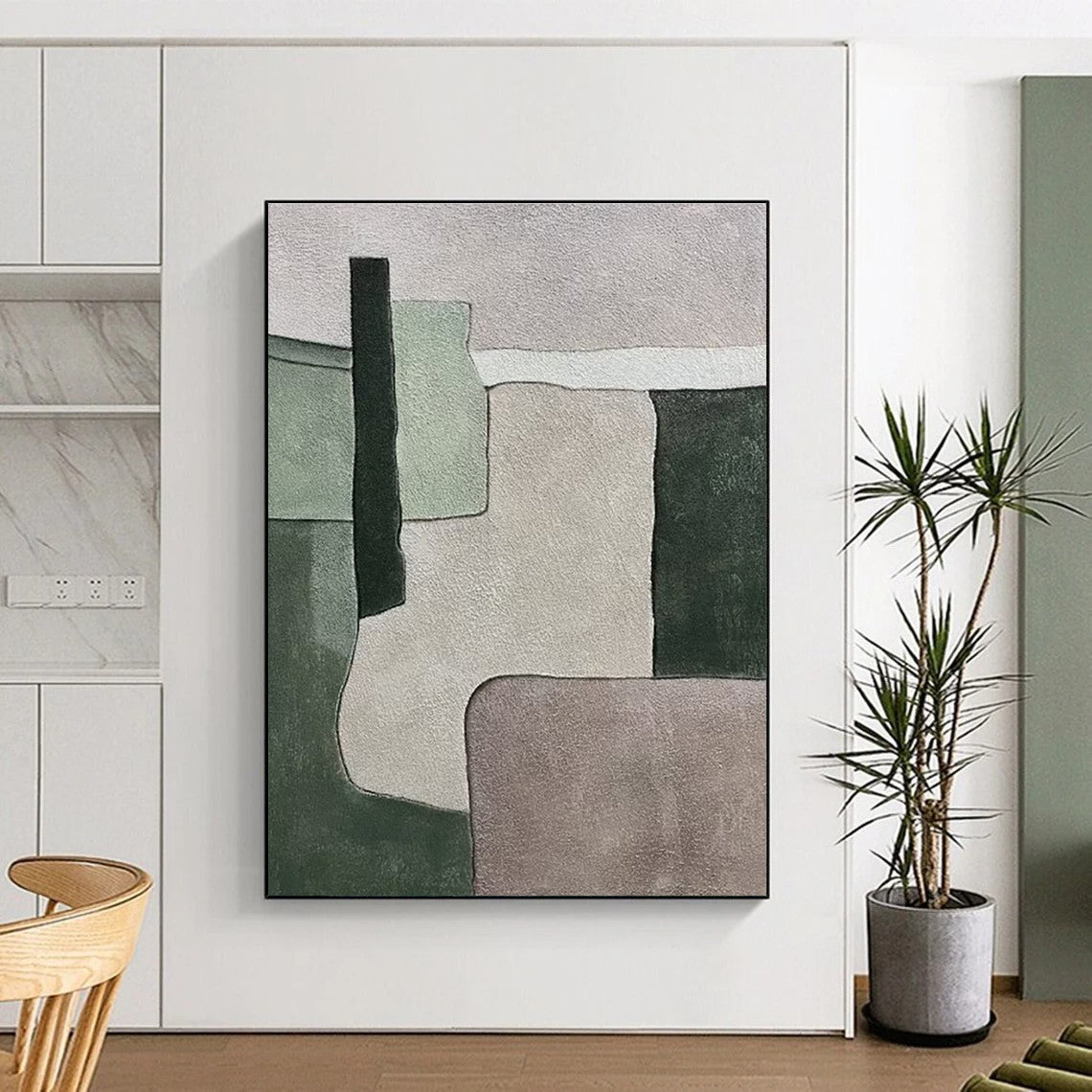 Large Painting In Living Room Green Gray Abstract Geometric Acrylic Art PT436