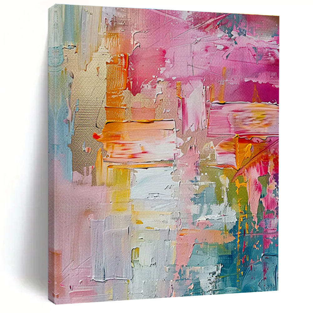 Large Painting In Living Room with Pink, Orange, Yellow, and Blue Abstract Impasto, Acrylic Modern Art PT298