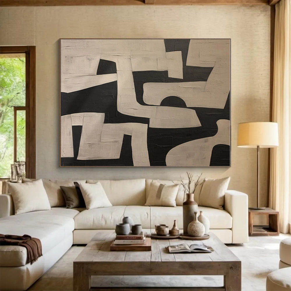 Large Contemporary Wall Art in Black and White Geometric Textures, Handmade Art PT316
