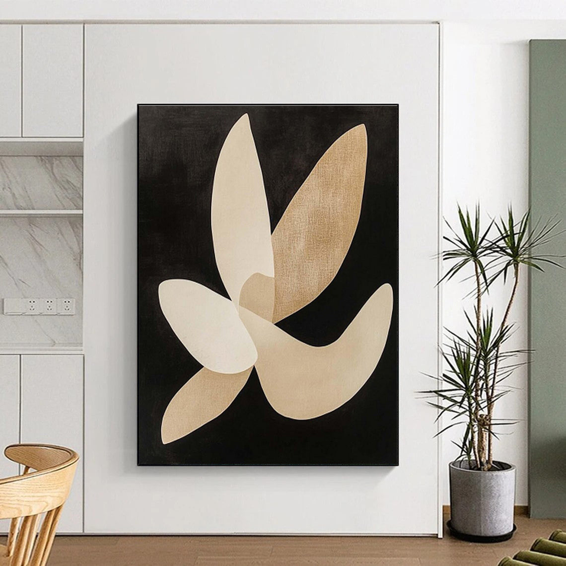 Hand Painted Art Beige and Black Abstract Floral Shapes, Modern Art Acrylic PT325