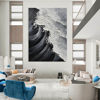 Hand-Painted Black & White Textured Wave Abstract, Acrylic Modern Art Painting DPS506