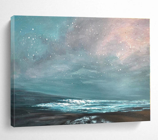 Modern Art Acrylic Teal & Pink Starry Sea Abstract On Canvas HPS037