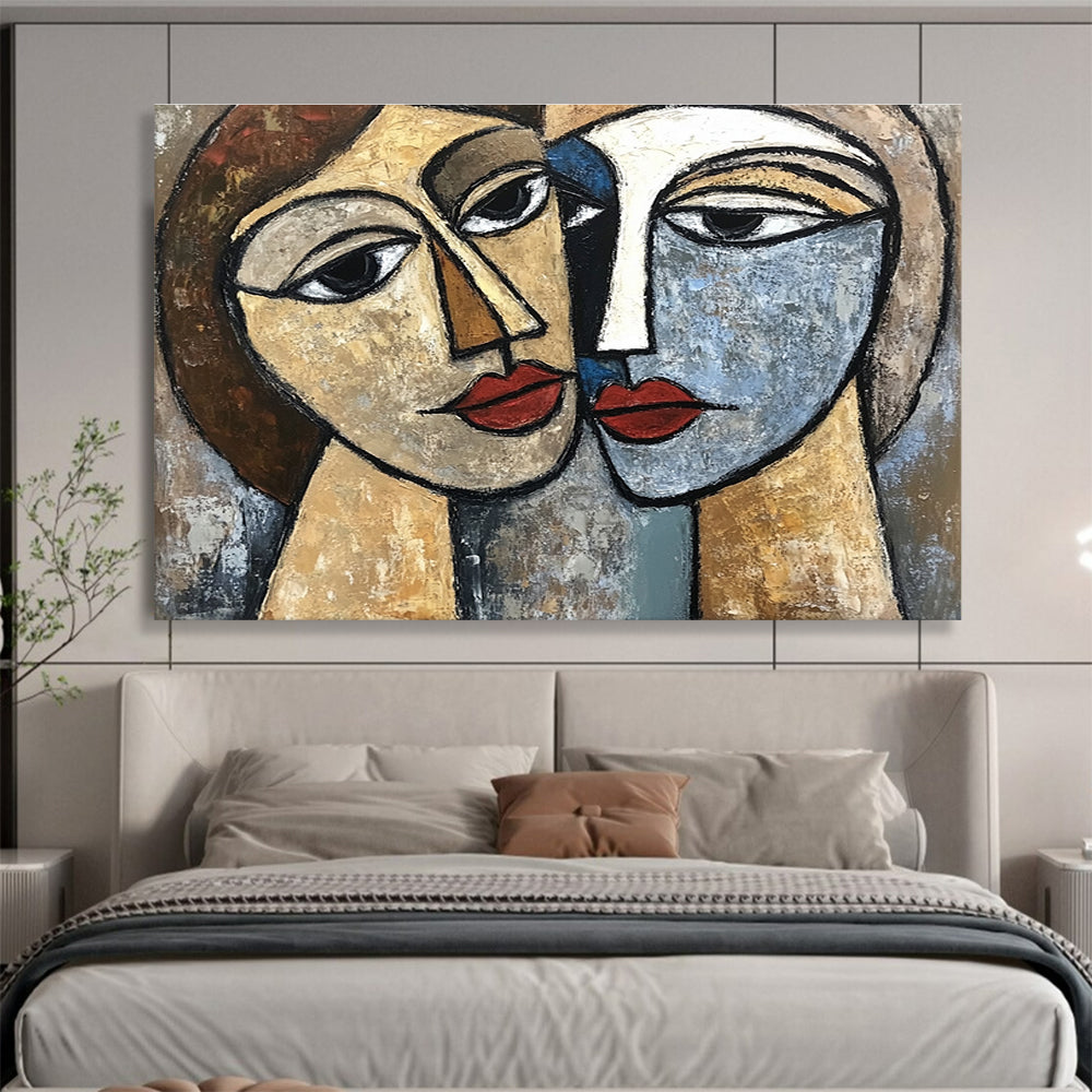 Hand-Painted Brown, Blue, Red & Beige Cubist Portrait Abstract Painting HPS254