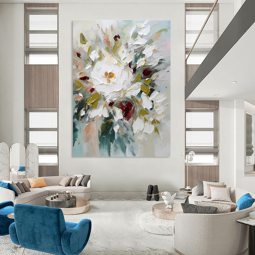 Hand-Painted White, Green & Red Floral Abstract, Paintings For House DPS501