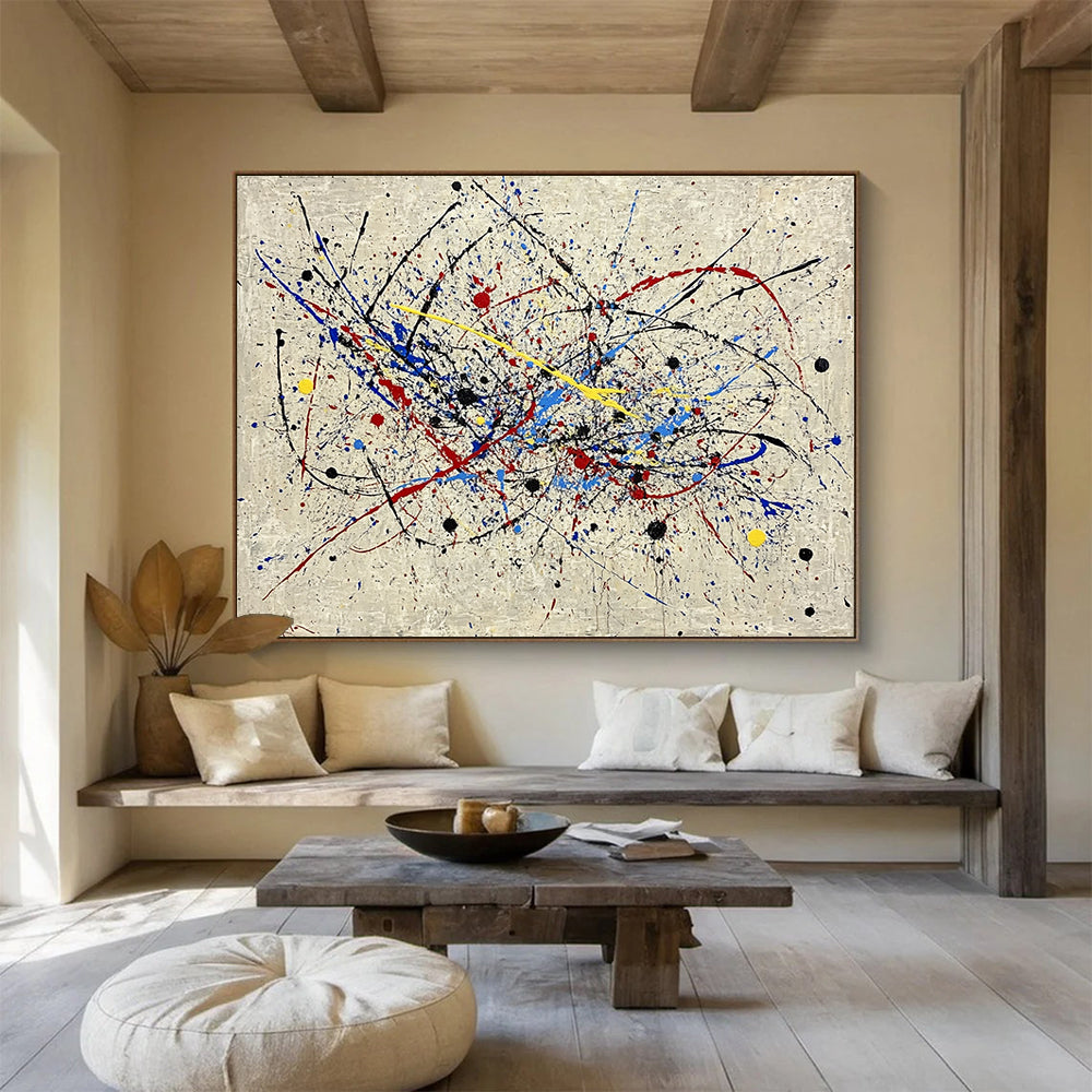 Hand-Painted Multicolor (Red, Blue, Yellow, Black) Splatter Abstract Acrylic Painting HPS251