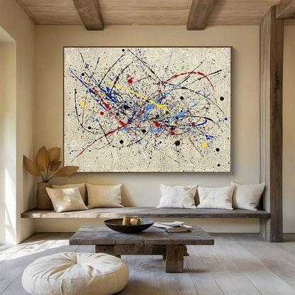Hand-Painted Multicolor (Red, Blue, Yellow, Black) Splatter Abstract Acrylic Painting HPS251