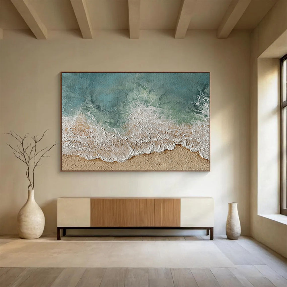 Hand Painted Art Turquoise & White Textured Beach Abstract Painting HPS226