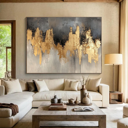 Large Contemporary Wall Art Gold, Gray & Black Textured Abstract Painting HPS296