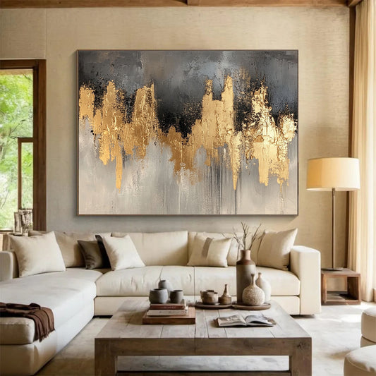 Large Contemporary Wall Art Gold, Gray & Black Textured Abstract Painting HPS296