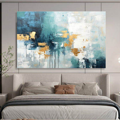 Acrylic Modern Art Paintings Teal, Gold & White Abstract Drip Art HPS204