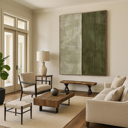 Handmade Art Green Beige Textured Split Abstract Art PT355