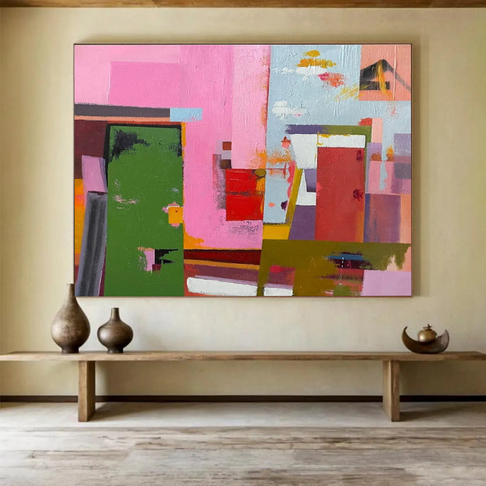 Acrylic Modern Art Paintings Pink, Green & Red Abstract Geometric Art HPS173