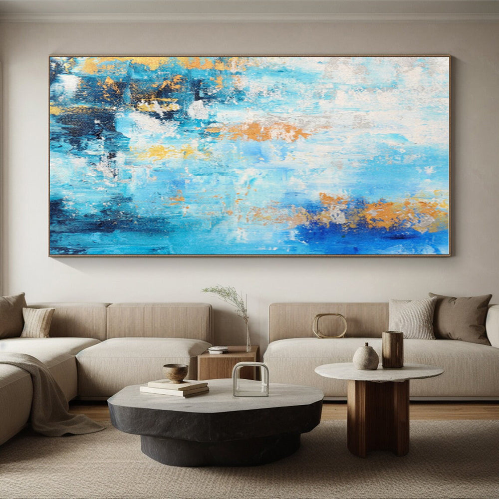 Hand-Painted Blue and Orange Abstract Art with White Accents, Acrylic Modern Art Painting PT281