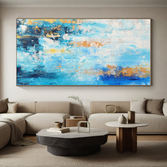 Hand-Painted Blue and Orange Abstract Art with White Accents, Acrylic Modern Art Painting PT281