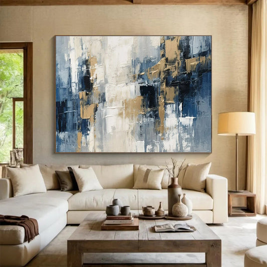 Large Painting In Living Room Blue, Gray, and Gold Textured Abstract Geometric Art HPS395