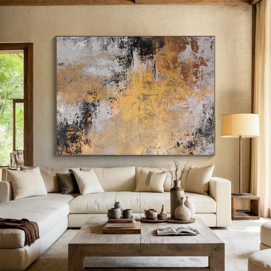 Oversized Abstract Wall Art in Gold, Black, White, and Grey Textural Abstract Luxury Painting On Canvas PT278