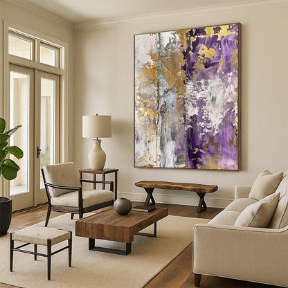 Unique Abstract Art - Purple, Gold & Gray Textured Abstract Art with Metallic Accents PT592