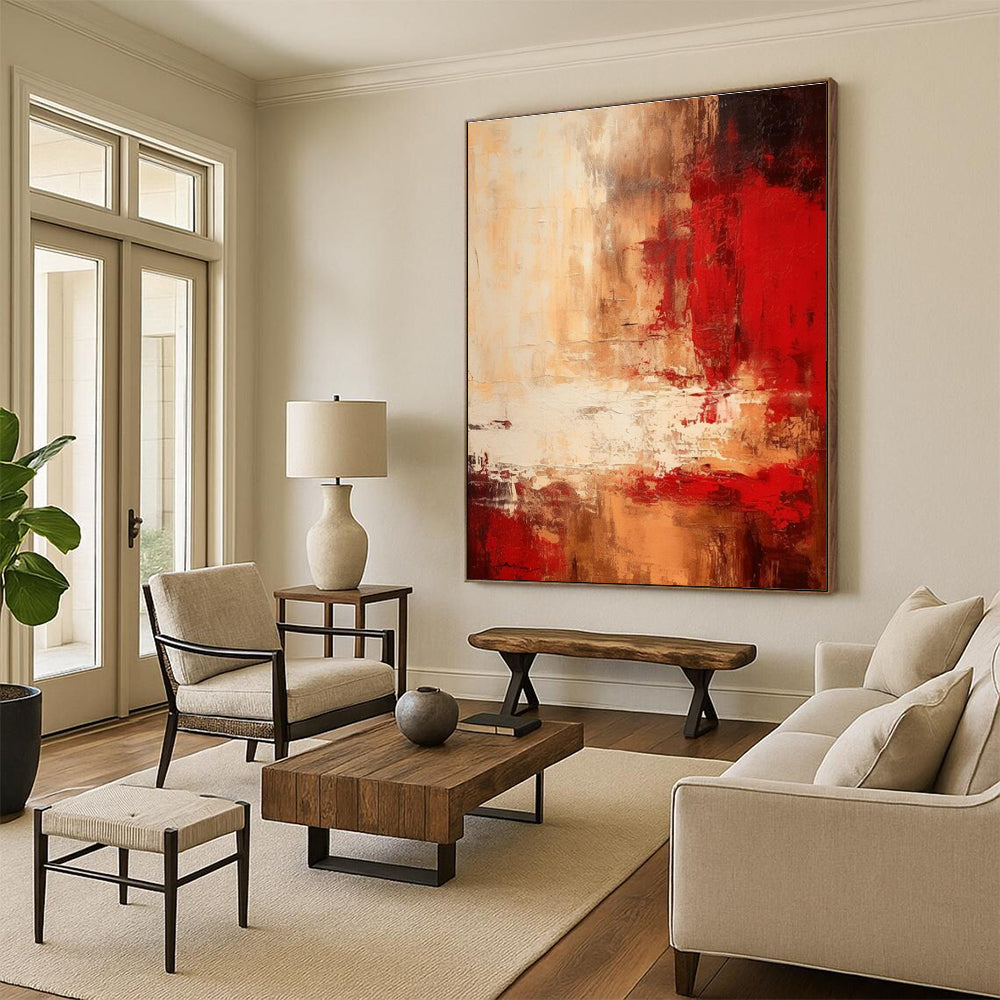 Huge Size - Red, Beige & White Dynamic Abstract Expressionism Painting PT583