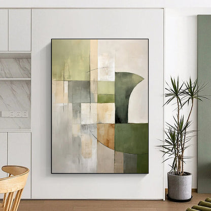 Handmade Art Green, Beige, and Gray Geometric Abstract Art PT780