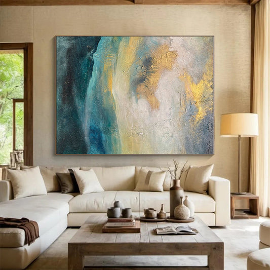 Hand Painting Teal, Gold, and Gray Landscape-Inspired Abstract Art PT651