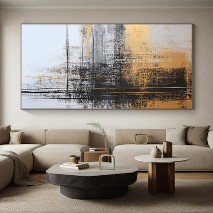Original Large Abstract Paintings For Sale With Gold, Black, Gray Abstract Brushstrokes On Canvas PT182