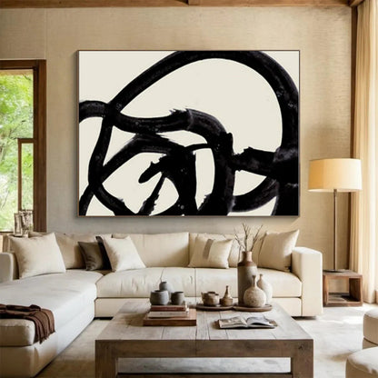 Minimalist Canvas Art Black and Beige Curved Abstract Art PT804