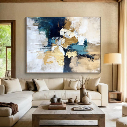 Abstract Canvas Wall Art Large, Gold Blue White Black Abstract Textured Art PT165