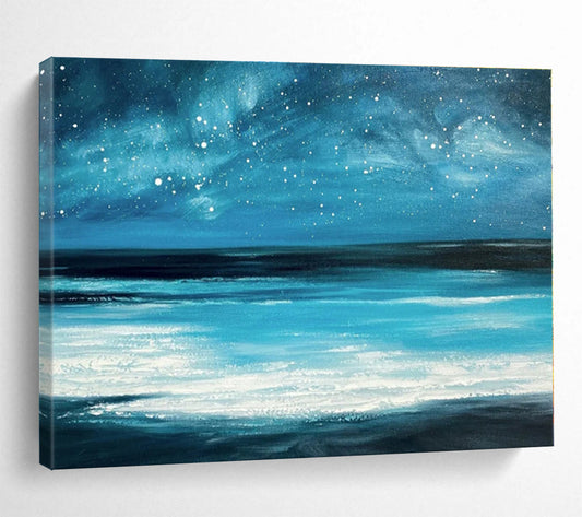 Hand Painted Art Vibrant Blue Starry Sea Abstract On Canvas HPS036