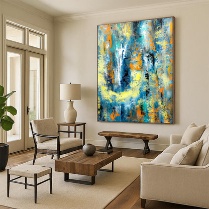 Modern Art Acrylic Blue, Yellow, and Orange Textured Abstract Art PT729