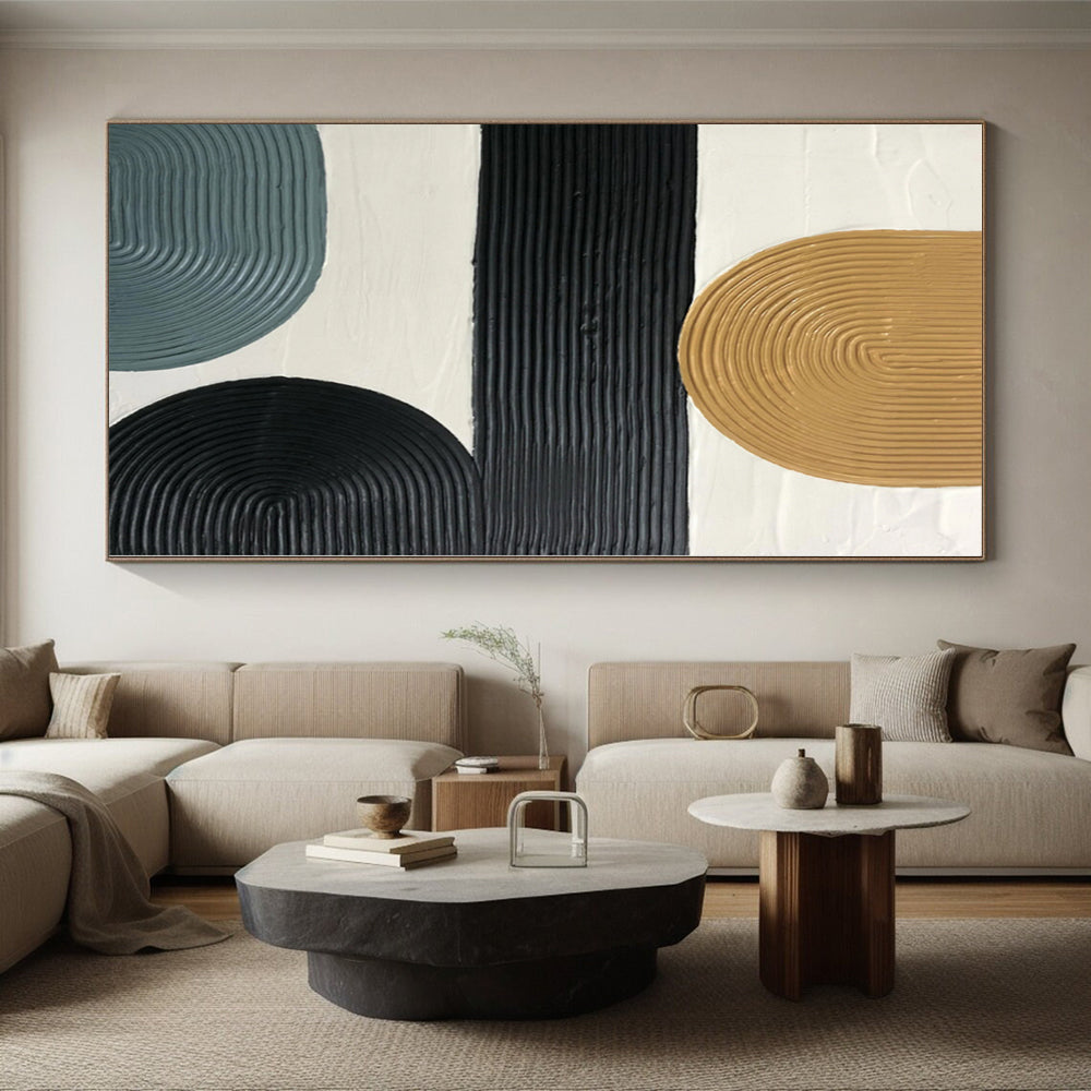 48x60 Beige, Black & Gray Textured Geometric Abstract Painting On Canvas PT037