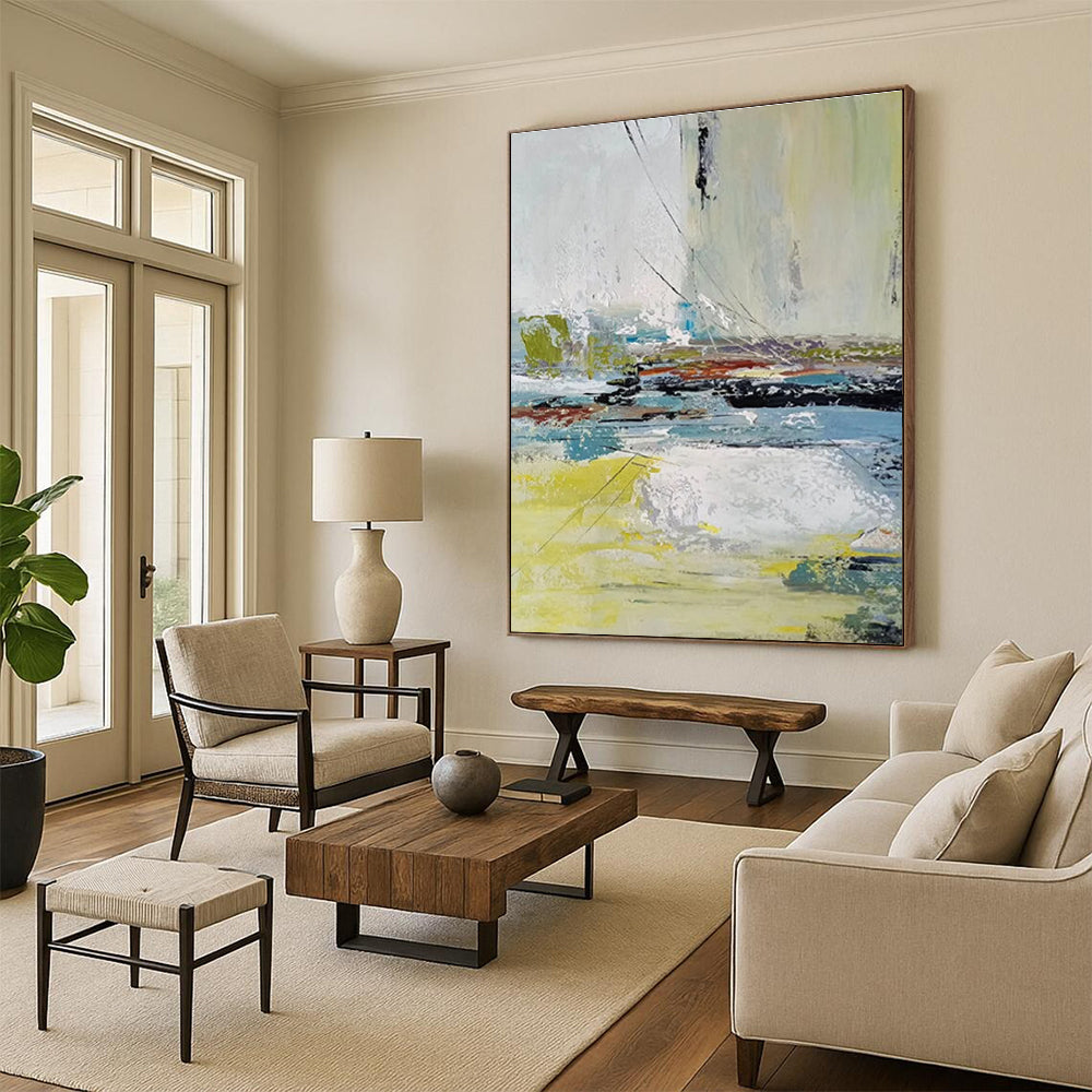 Acrylic Modern Art Paintings with Yellow, Blue, White, and Gray Abstract Landscape PT220