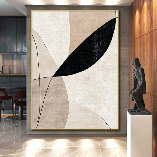 Modern Large Abstract Canvas Painting, Beige Black Gray Minimalist Geometric Abstract Art PT137