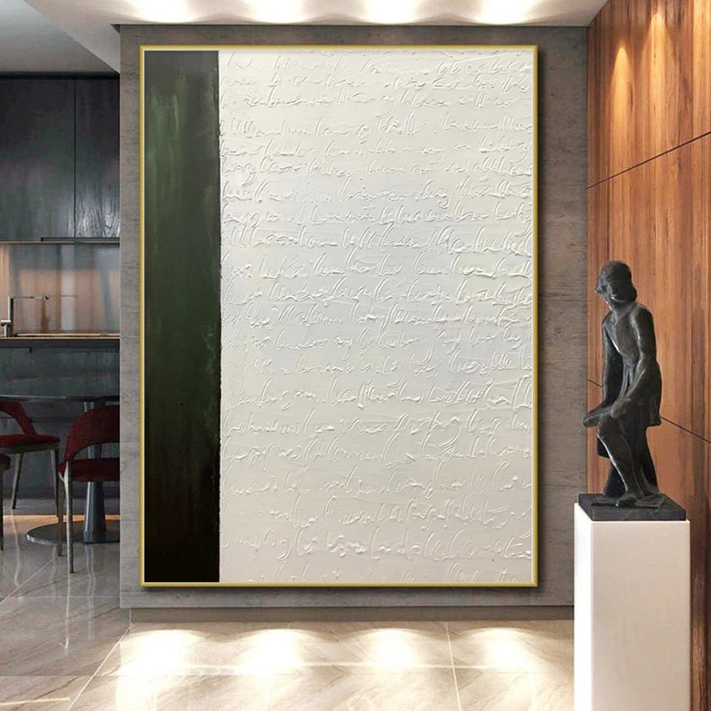 Hand-Painted Green & White Textured Calligraphic Abstract Painting On Canvas PT041