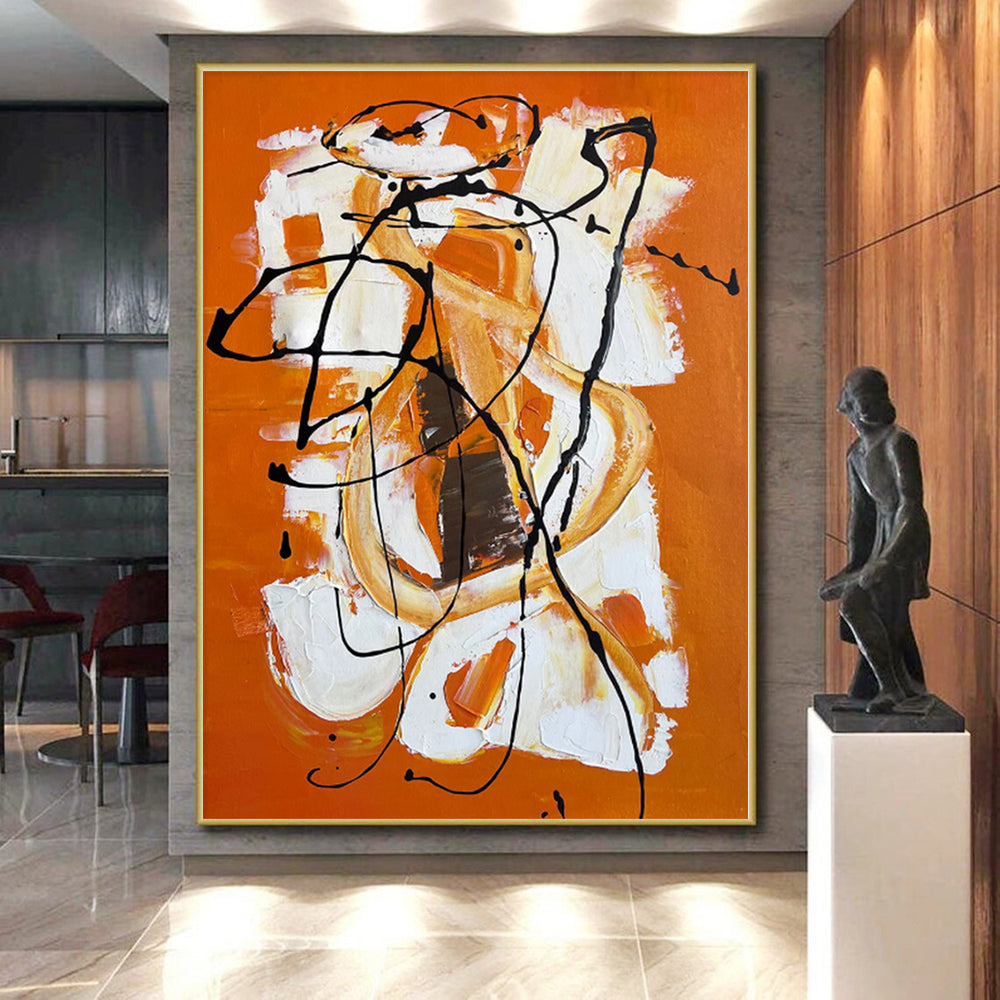 Oversized Abstract Wall Art Orange, White & Black Textured Abstract Painting On Canvas PT050