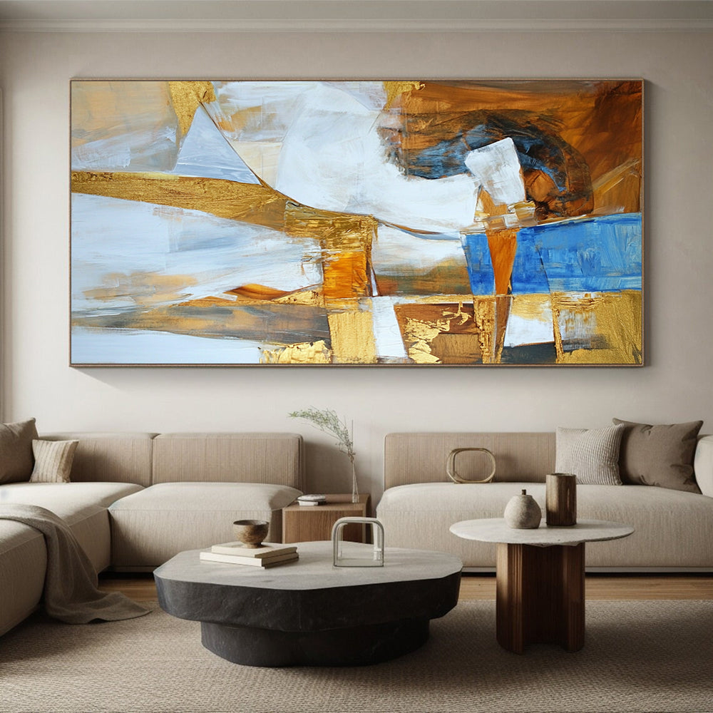 Original Large Abstract Paintings For Sale, Gold Blue White Abstract Textured Art PT162