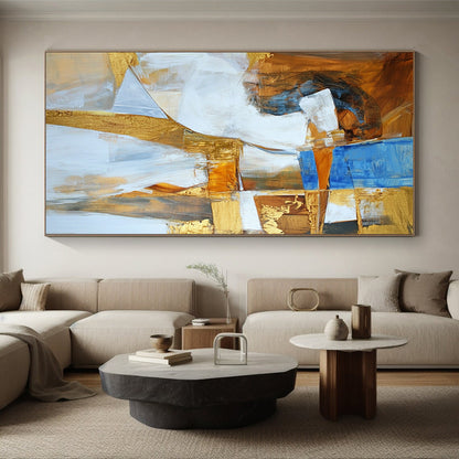 Original Large Abstract Paintings For Sale, Gold Blue White Abstract Textured Art PT162
