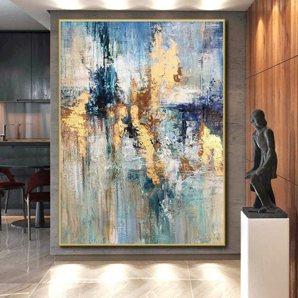 Oversized Abstract Wall Art Blue Gold Modern Acrylic Artwork PT440