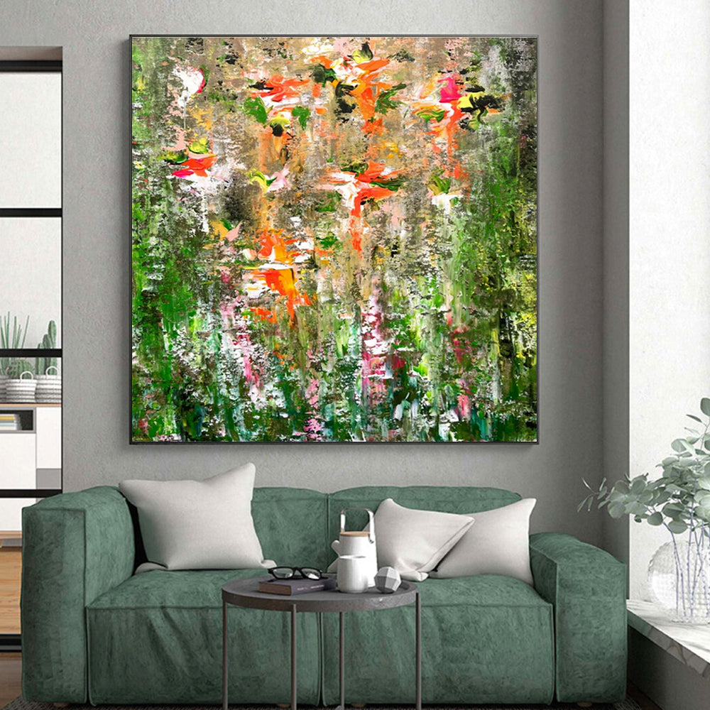 Hand Painting Green, Orange, and Pink Floral Abstract Art PT731