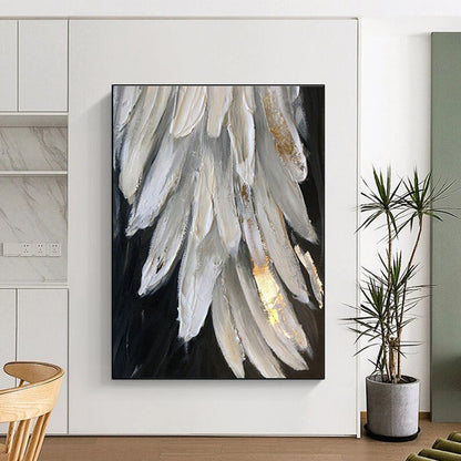 Large Size White, Gray, and Gold Textured Abstract Feather Art DPS469