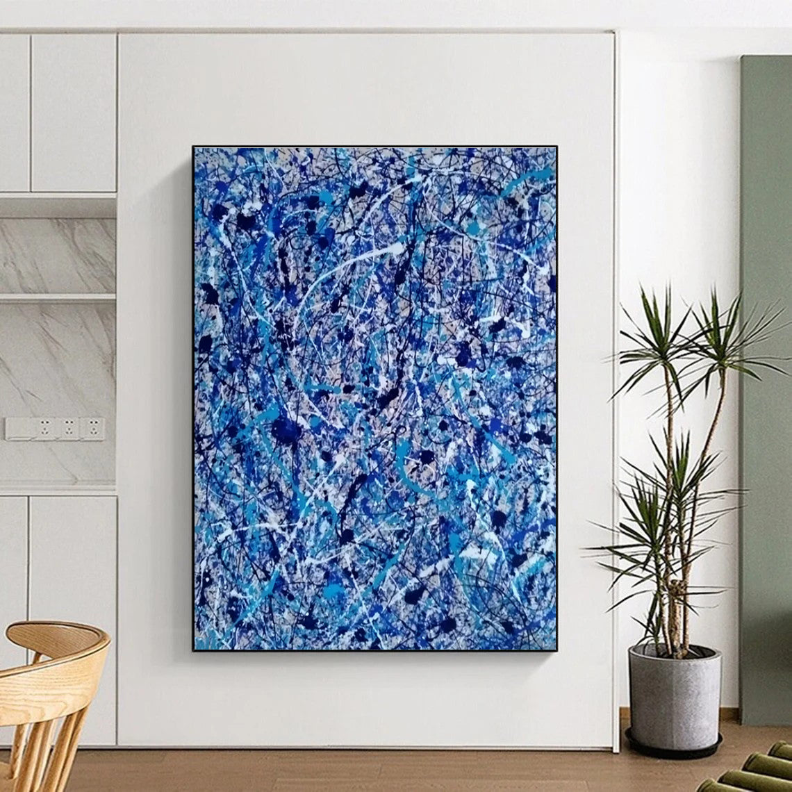Unique Abstract Art - Blue, Black, White & Beige Chaotic Lines Abstract Expressionism Art PT605