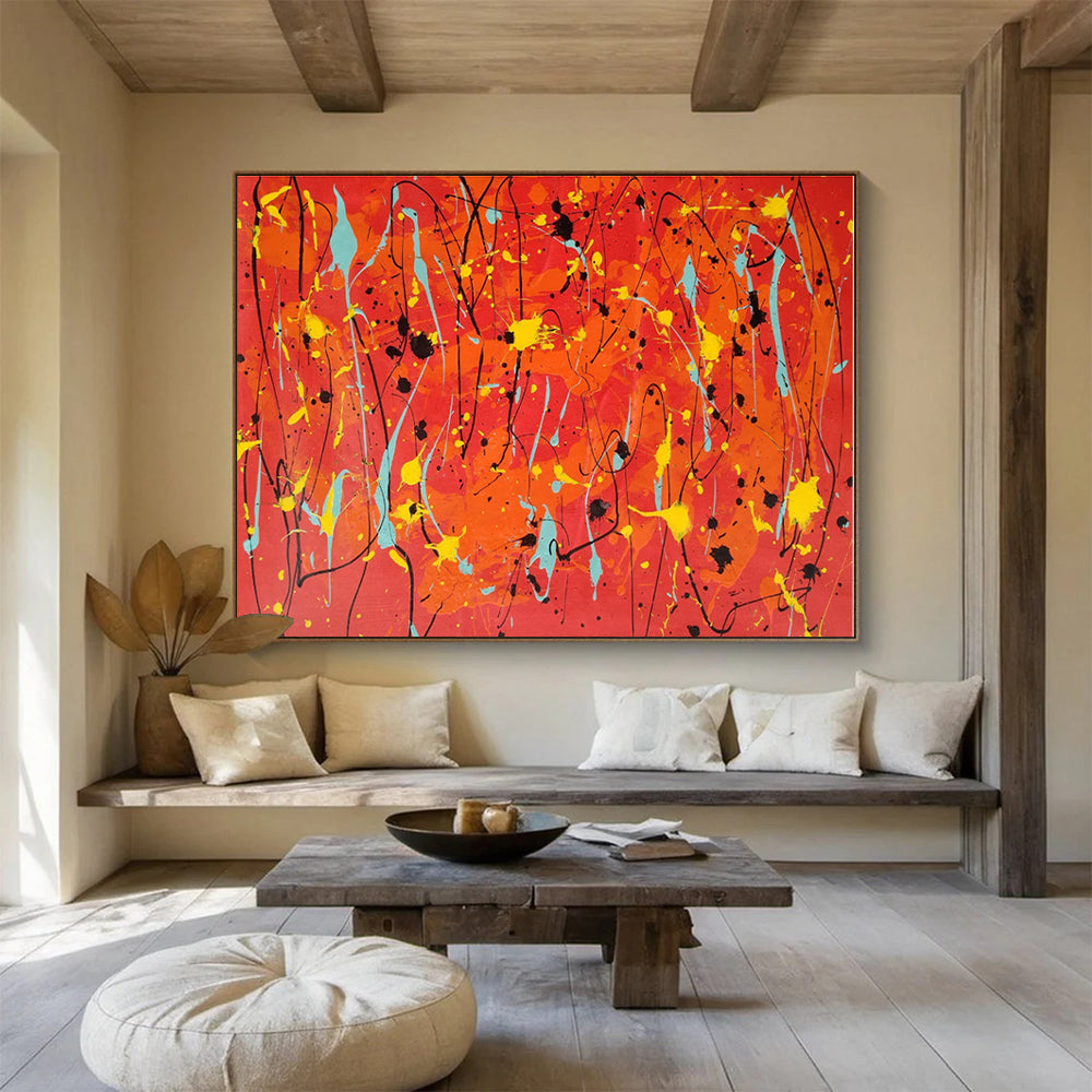 Hand Painted Art Vibrant Red, Orange, Yellow & Teal Splatter Abstract Painting On Canvas HPS075