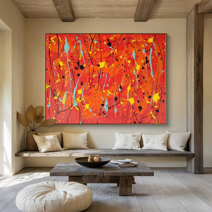 Hand Painted Art Vibrant Red, Orange, Yellow & Teal Splatter Abstract Painting On Canvas HPS075