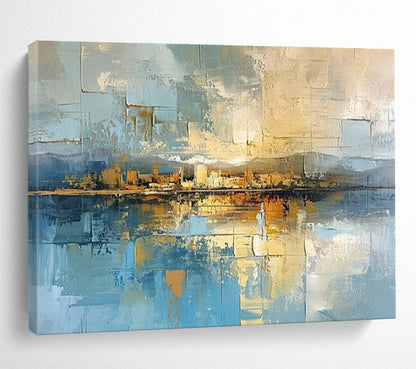 Hand-Painted Blue, Beige, and Gold Abstract City Reflection Art HPS381
