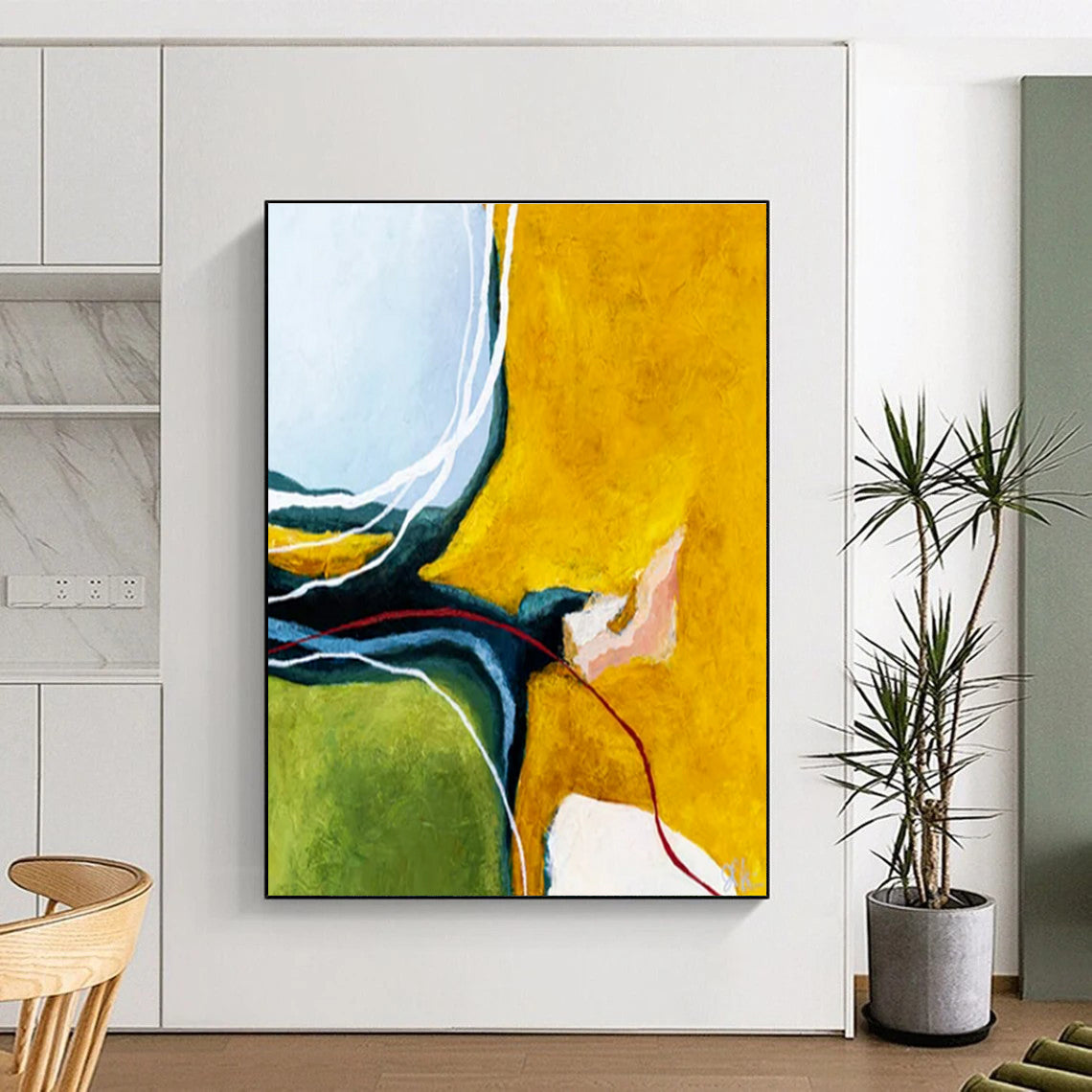 Cool Abstract Paintings Yellow, Green, and Blue Curved Abstract Art PT823