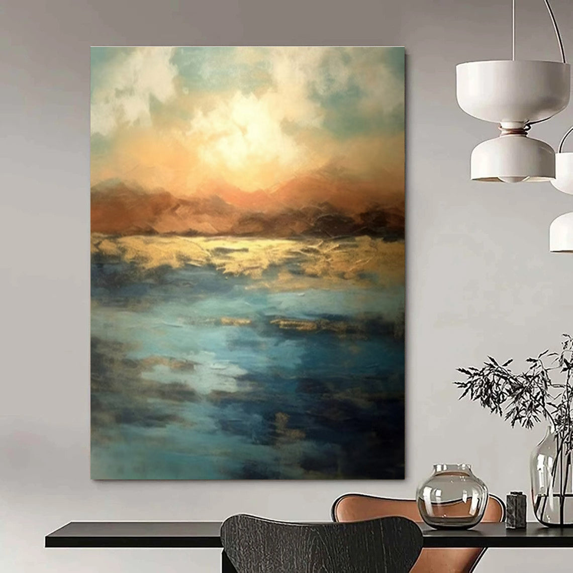 Large Painting In Living Room Colorful Abstract Sunset Over Water, Modern Art Acrylic DPS491