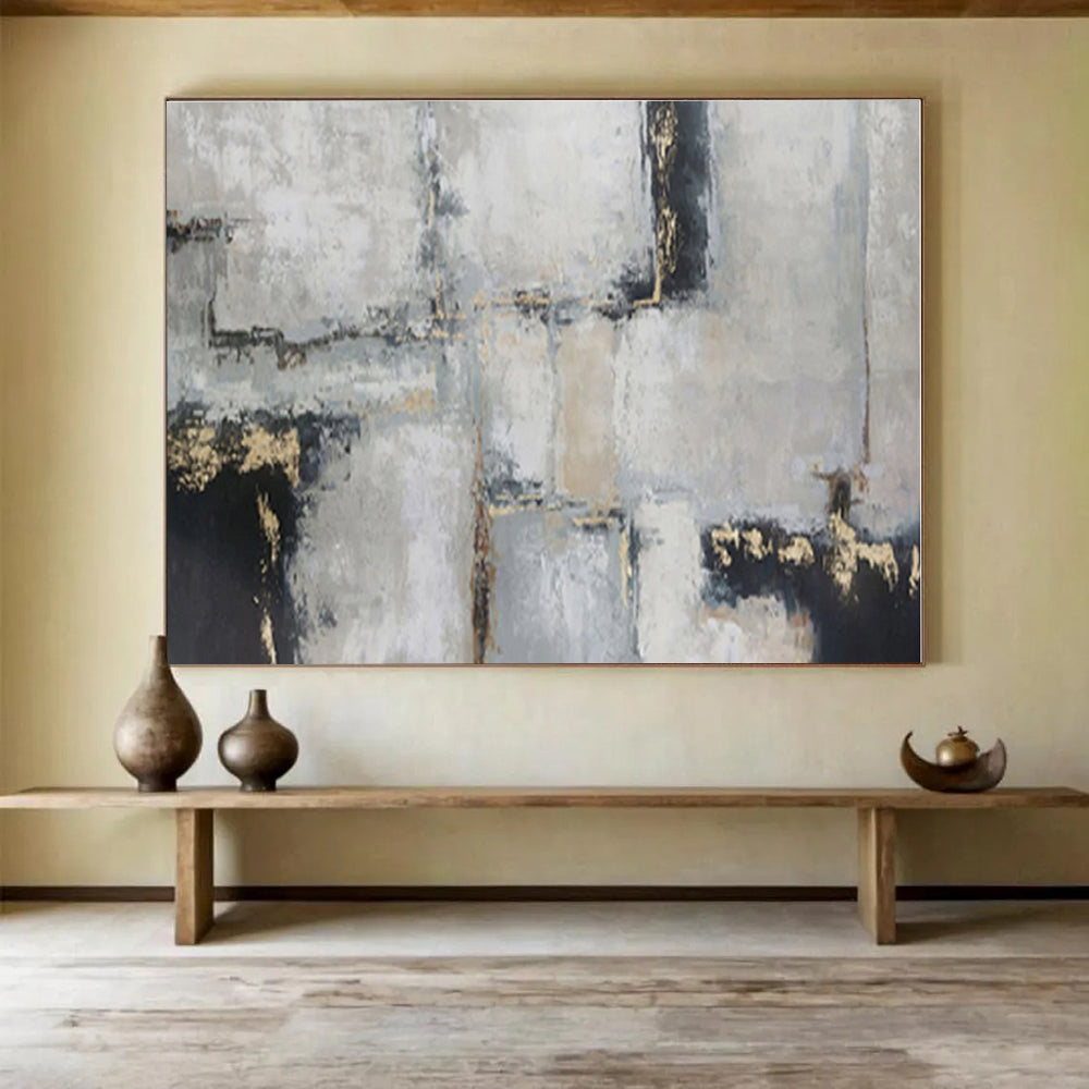 Large Size Gray, Gold & Black Geometric Abstract Painting On Canvas HPS089