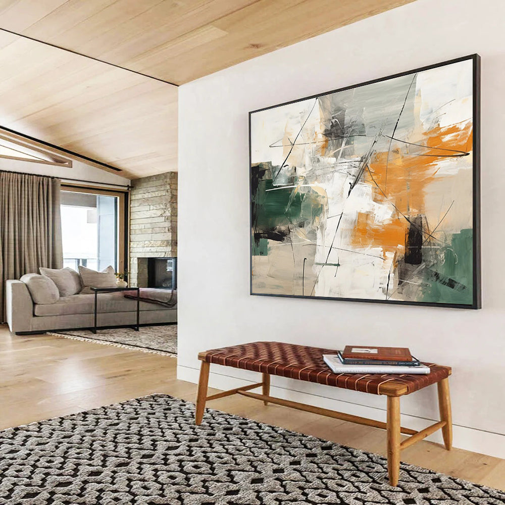 Acrylic Modern Art Paintings Green, Orange & White Abstract Dynamic Art HPS213