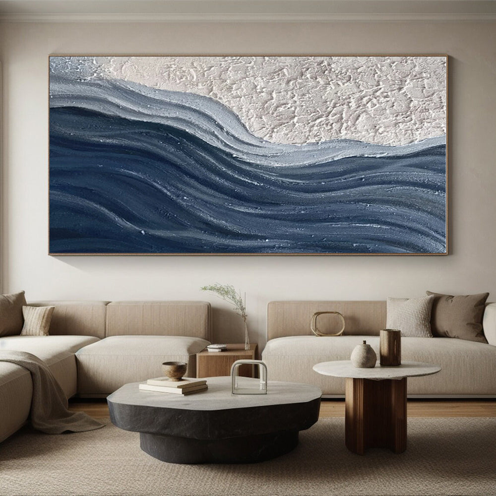 Large Size Beige Navy Textured Abstract Wave Acrylic Art PT444