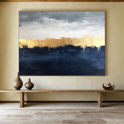Hand-Painted Gray, Gold & Navy Textured Landscape Abstract Painting HPS261